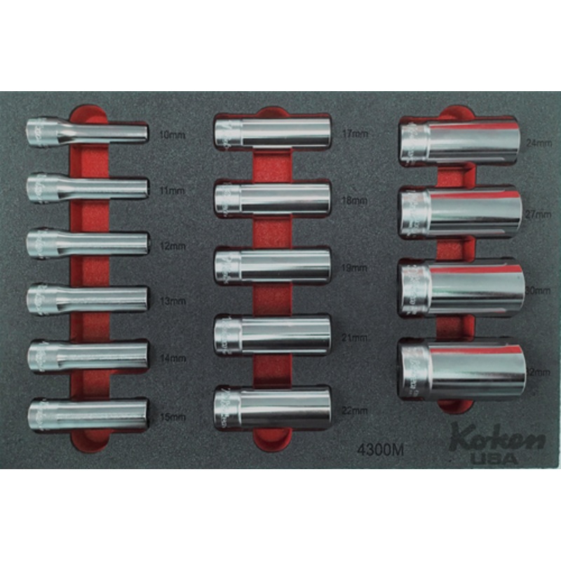 1/2" Sq. Dr. Deep Socket Set Metric in Foam - 15 Pieces