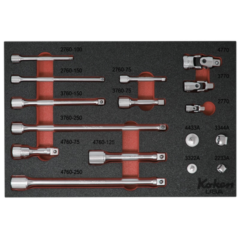 1/4", 3/8", 1/2" Sq. Dr. Extension and Adaptor Set in  Foam - 16 Pieces