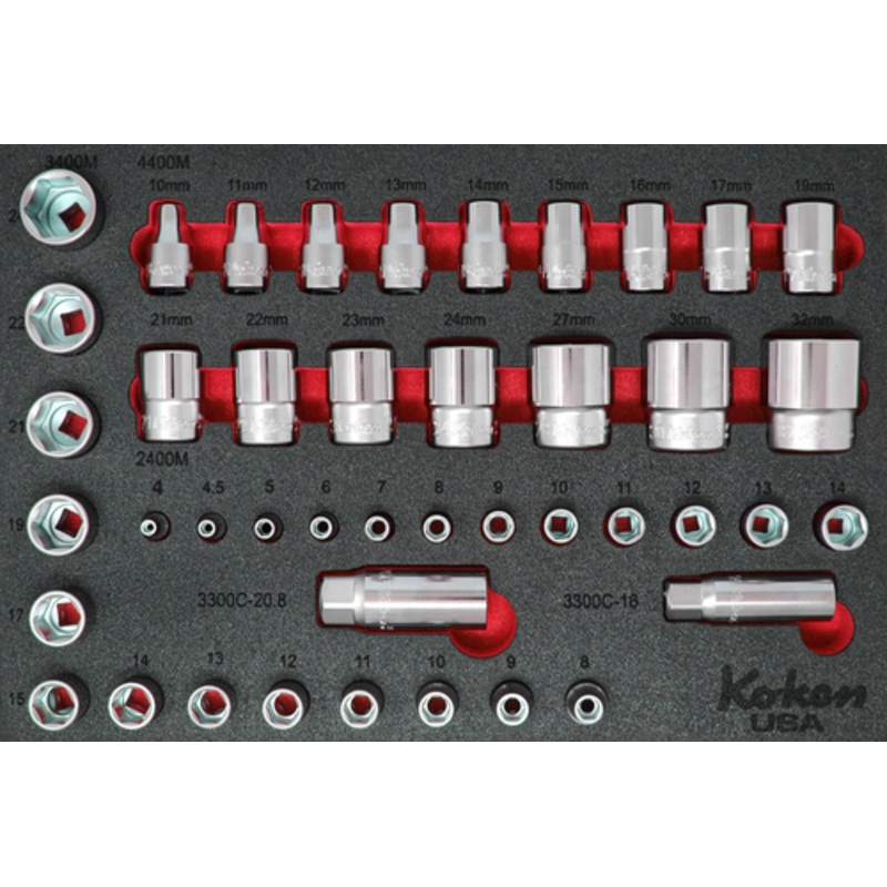 1/4", 3/8", 1/2" Sq. Dr. Socket Set Metric in Foam  - 43 Pieces
