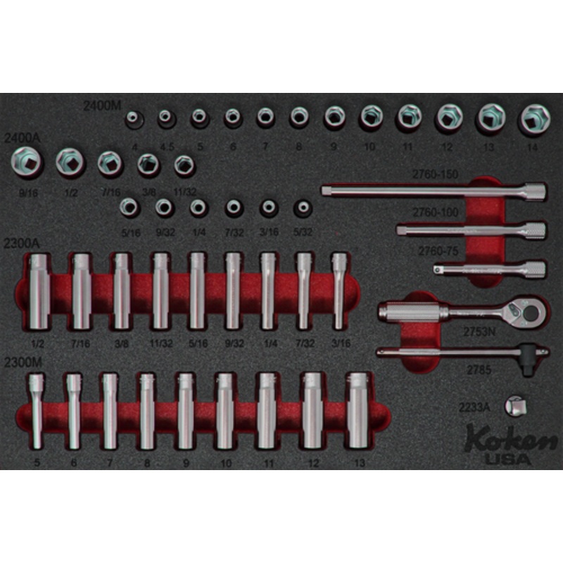 1/4" 6 Point Sq. Dr. Socket and Accessories Set in Foam  - 49 Pieces