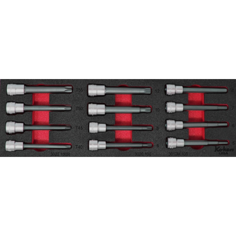 3/8" 12 Piece Long Bit Socket Set in Foam - Hex, TORX, Spline