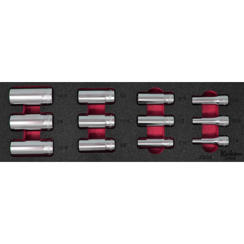 3/8" Sq. Dr.  Deep Socket Set SAE in Foam - 12 Pieces