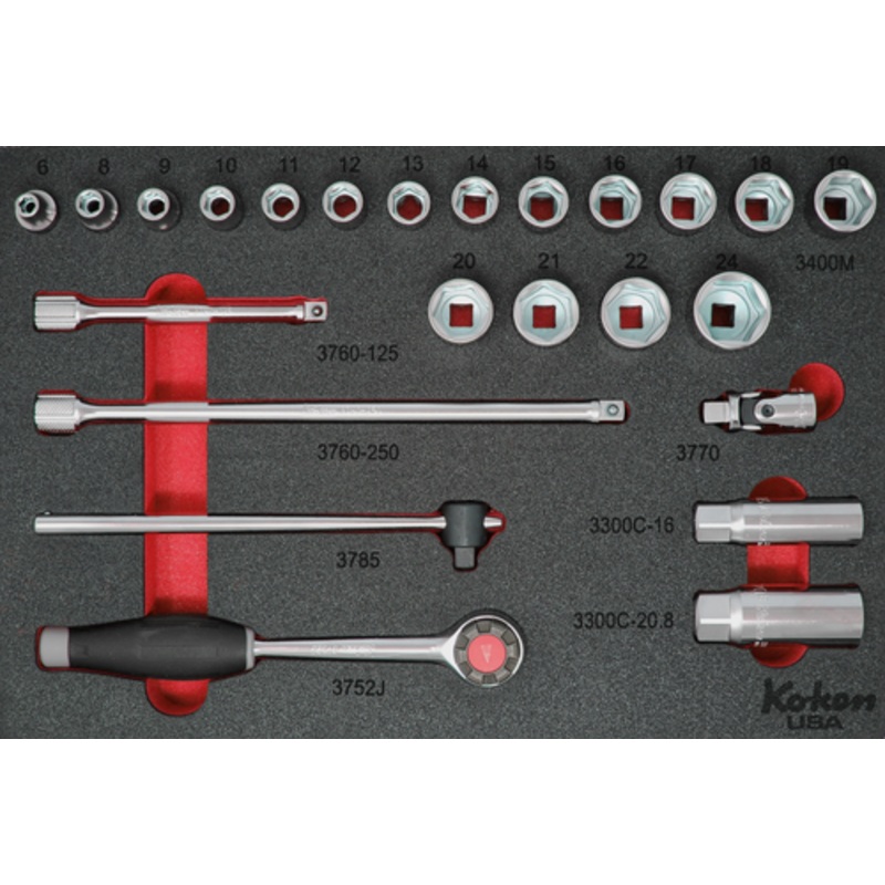 3/8" Sq. Dr. Socket and Accessories Set Metric in Foam - 24 Pieces
