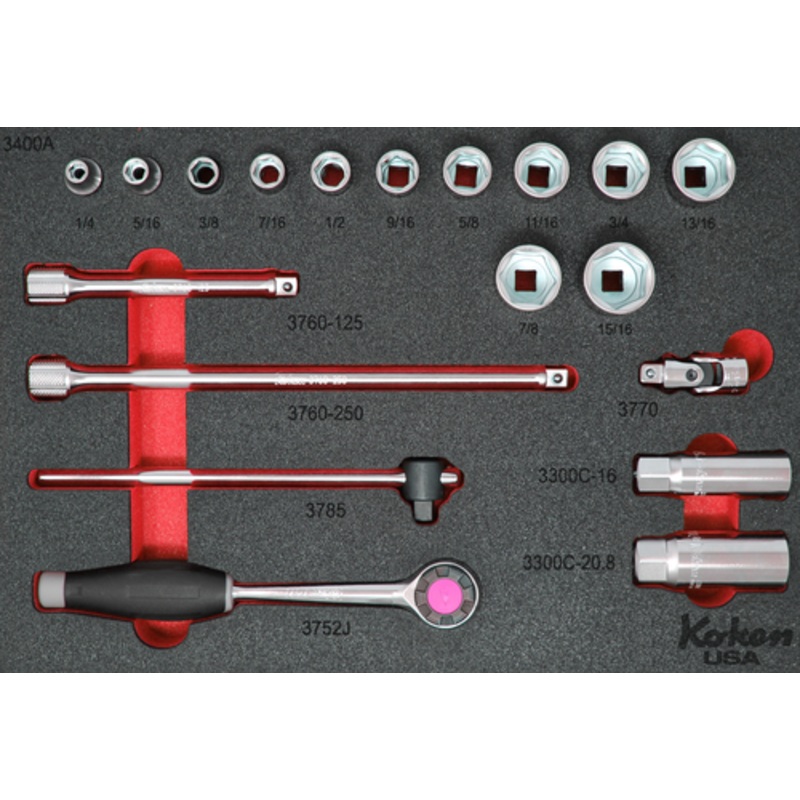 3/8" Sq. Dr. Socket and Accessories Set SAE in Foam - 19 Pieces