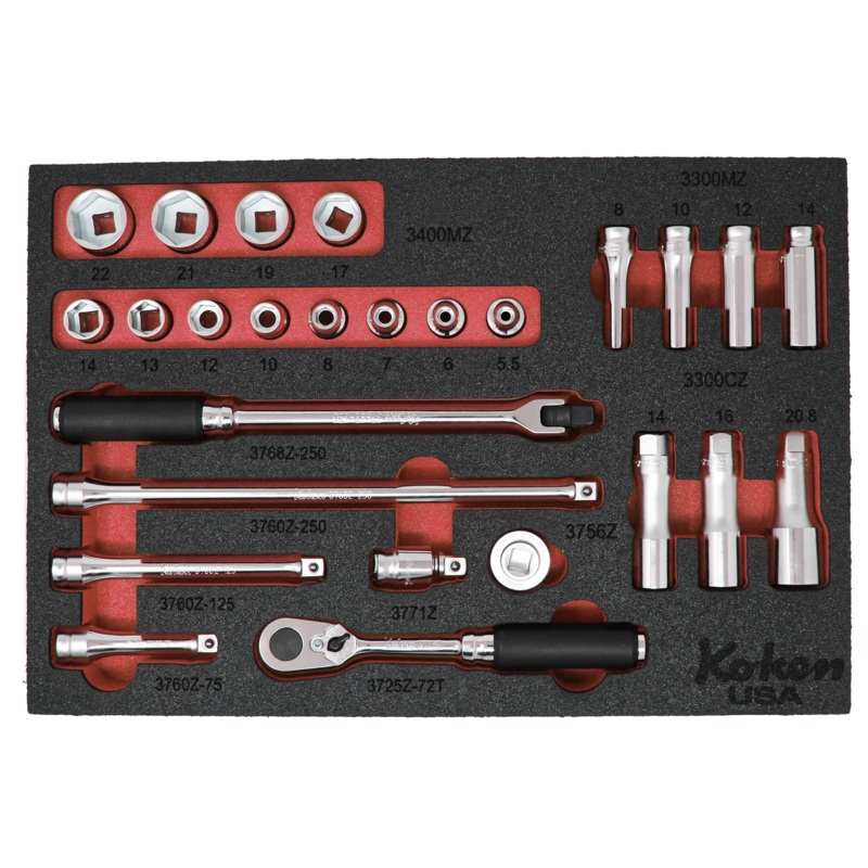 Z-Series 3/8" Sq. Dr. Socket Set Metric with 72 T Ratchet in Foam  - 26 Pieces