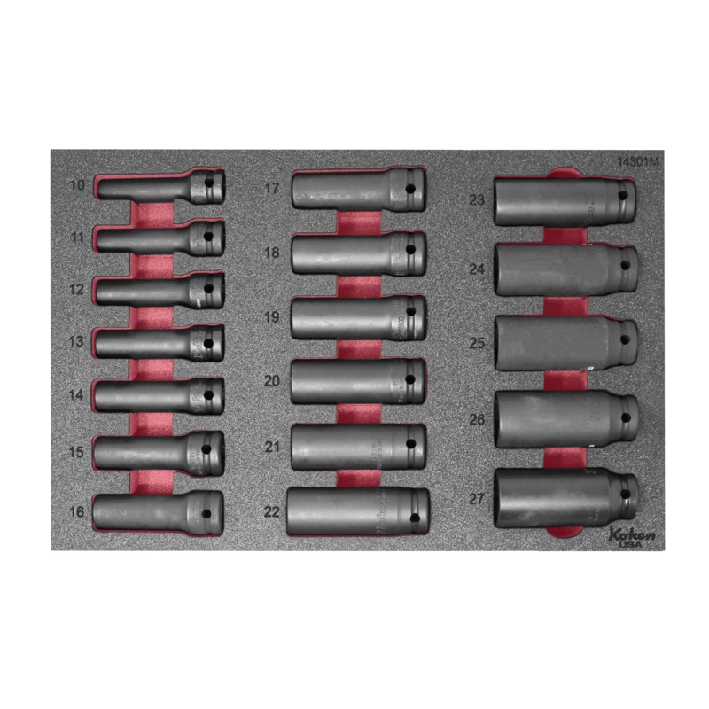 1/2" Sq Dr. Impact Deep Thin Walled Socket Set in Foam - 18 Pieces