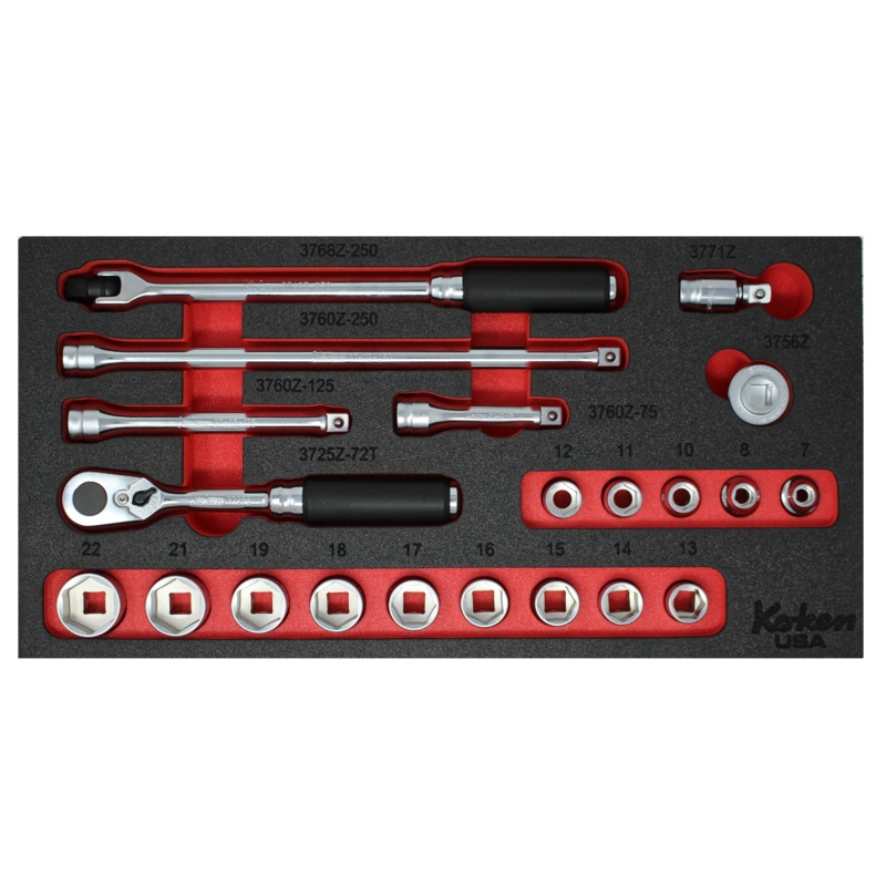 3/8" Sq. Dr. Socket and Driver Set Metric with 72T Ratchet in Foam (Red, Blue, Green, Yellow or Gray)