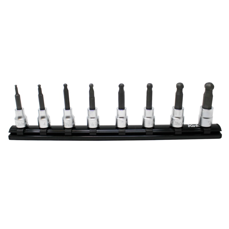 8 Piece 3/8" Sq. Dr. Ballpoint Hex 62mm Long Socket Set on Rail