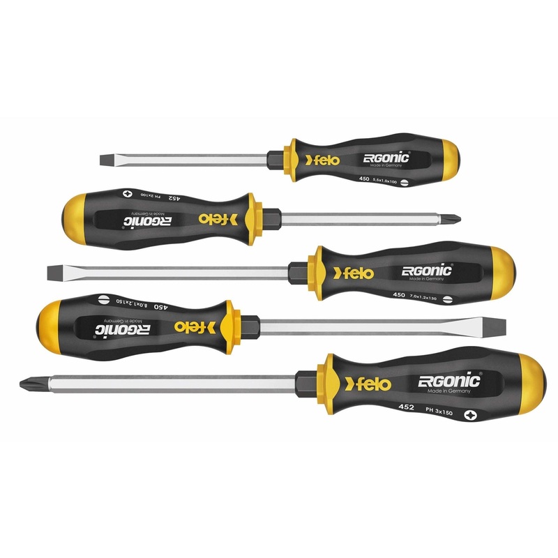 Felo 45095148 Ergonic with Striking Cap Slotted & Phillips (PH2 + PH3) Screwdriver Set, 5 Pieces