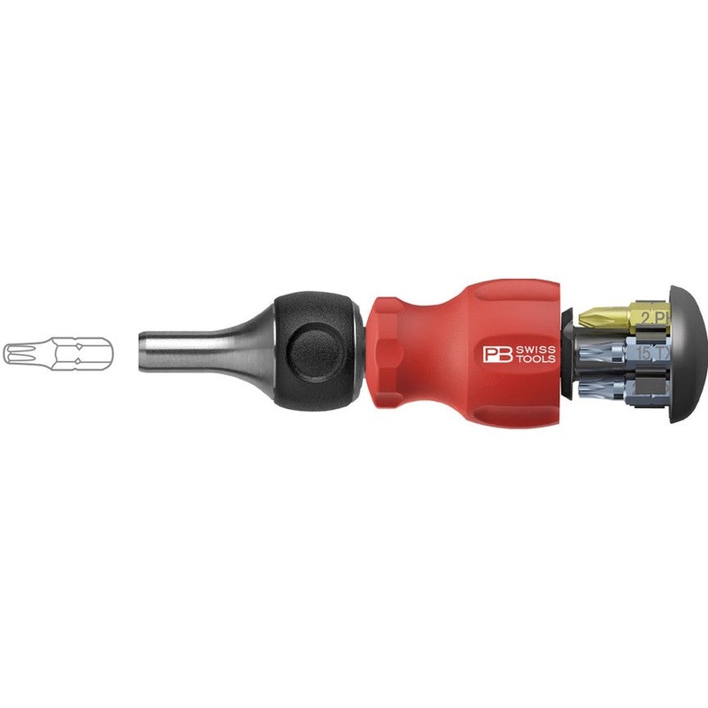 PB Swiss PB 8453.R-30 - Stubby Ratchet, Ratchet Handle, Integrated Bit Magazine, 6 Precision Bits C6