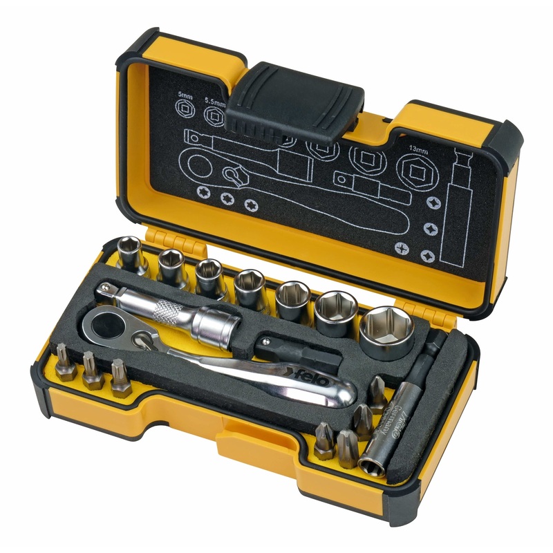 Felo 05771806 XS 18pc Box Sockets, Bits, Mini Ratchet, Bitholder, Metric