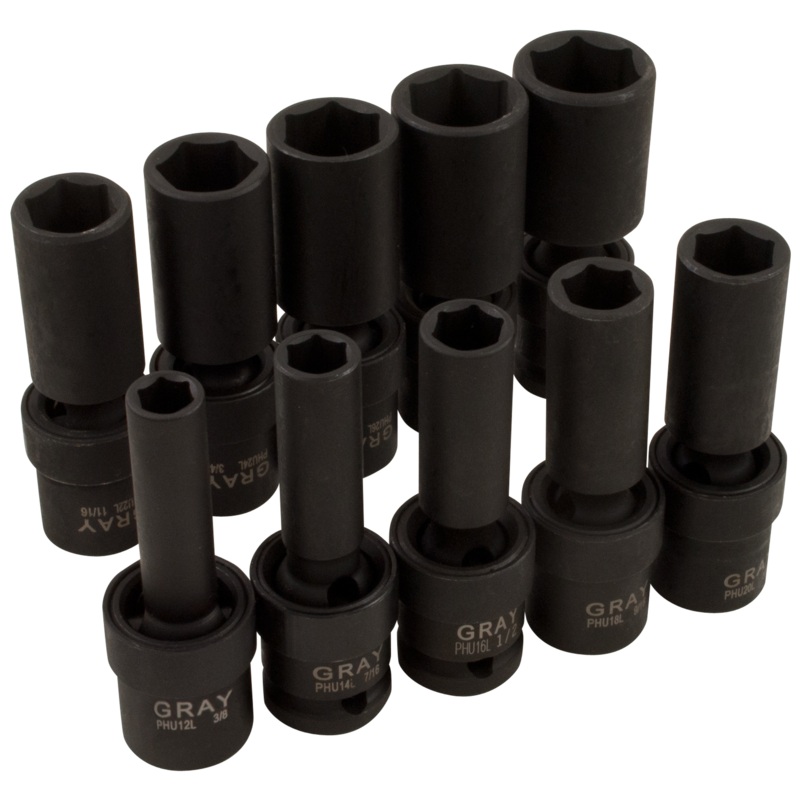 1/2" Dr. 10 Piece 6 Point Deep SAE Impact Universal Joint Socket Set