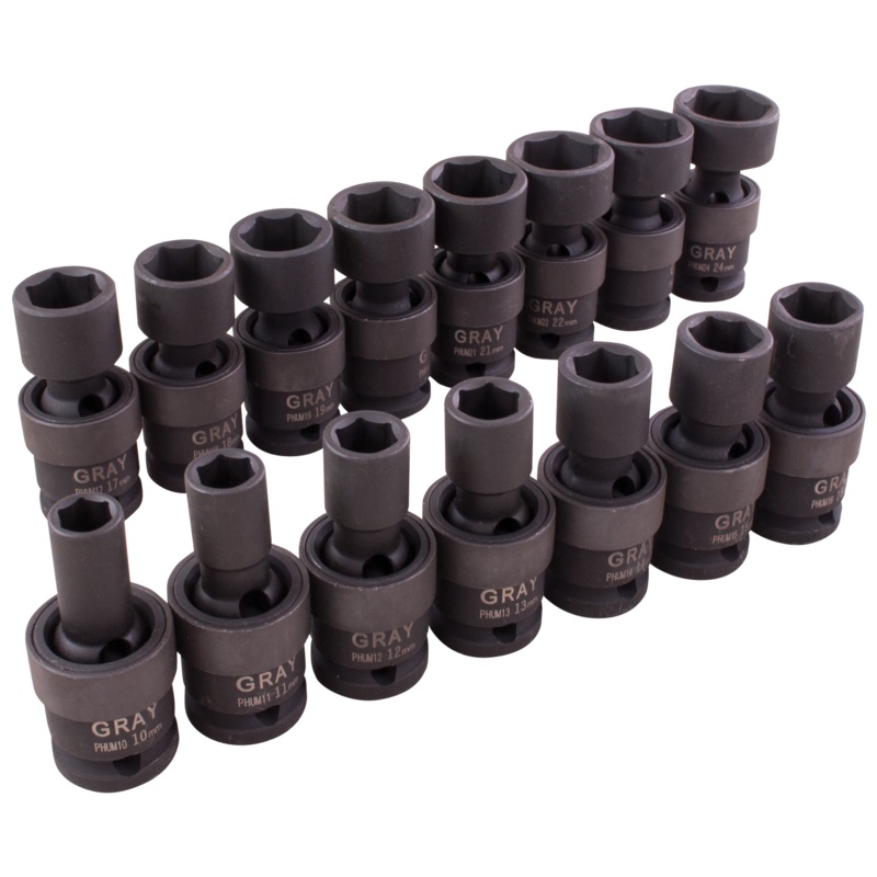 1/2" Dr. 15 Piece 6 Point Standard Metric Impact Universal Joint Socket Set