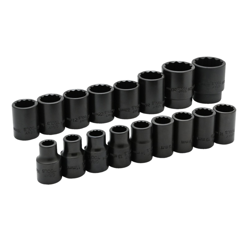 1/2" Dr. 17 Piece 12 Point Standard Metric Impact Socket Set