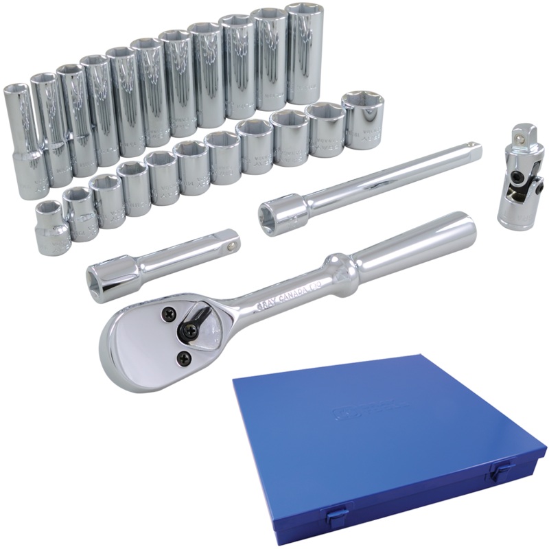 3/8" Dr. 26 Piece 6 Point Standard & Deep Metric Socket & Attachment Set