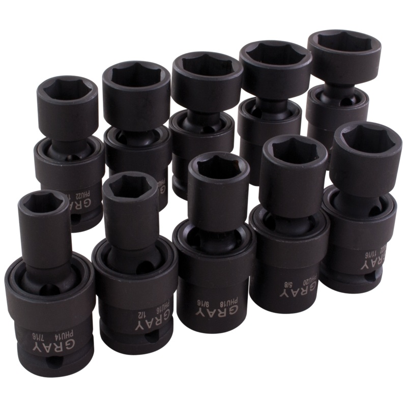 1/2" Dr. 10 Piece 6 Point Standard SAE Impact Universal Joint Socket Set