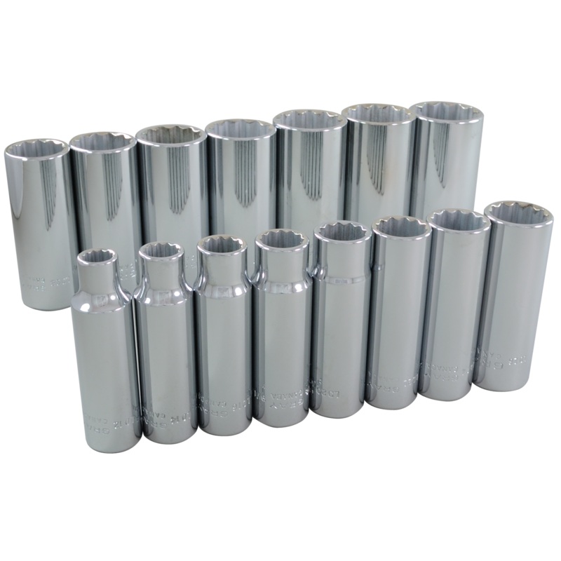1/2" Dr. 15 Piece 12 Point Deep SAE Socket Set