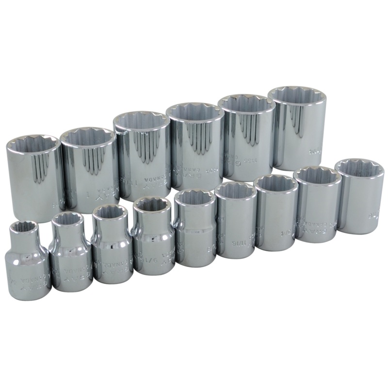 1/2" Dr. 15 Piece 12 Point Standard SAE Socket Set
