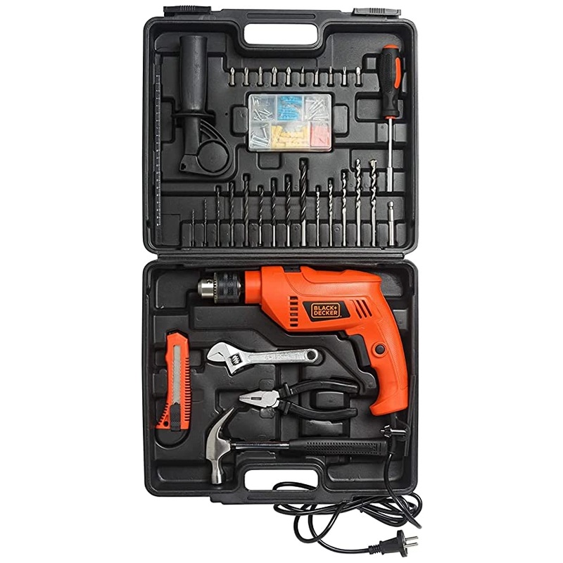 BLACK+DECKER HD555KMPR-B1 Hammer Drill Machine & Hand Tool Kit (100 pc) For Wood, Steel & Masonry, 13mm 550 Wat