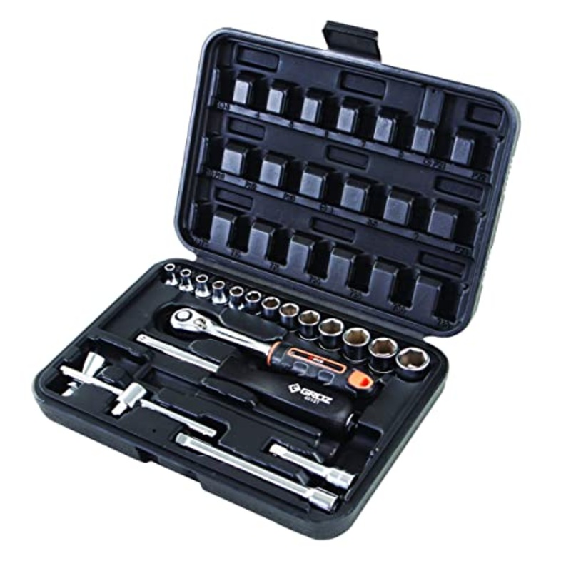 Groz 1/4 inch Drive 19 Pcs Hand Socket Set In Blow Moulded Case, KIT/SKT/H/1-4/19/UG