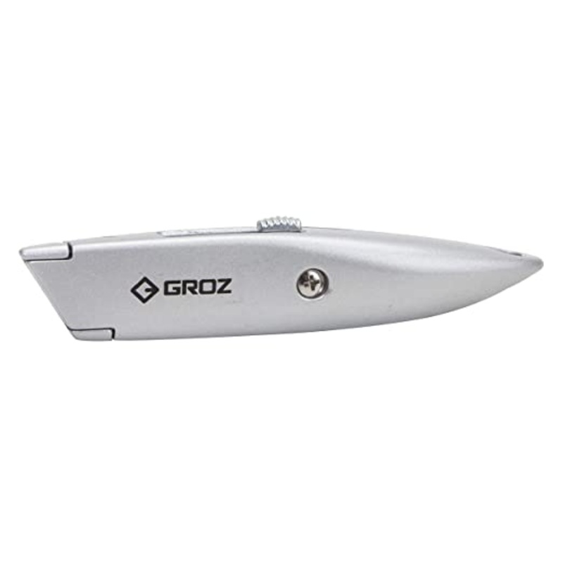 Groz Lightweight Retractable Utility Knife with 5 Heavy-Duty Blades | Light and Robust | 50% Sharper Blades | Inbuilt Storage with 4 Spare Blades | KNV/5