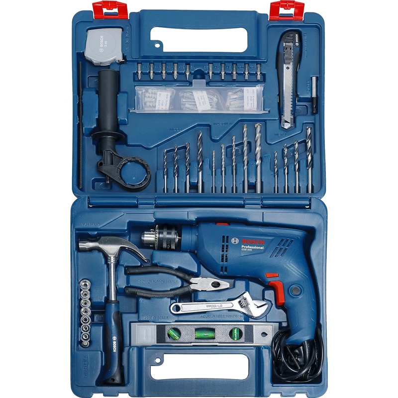 Bosch GSB 600 Corded Electric Impact Drill Kit, 600 W, 13 mm, 1.7 Kg, 3000 RPM, 1.4 Nm, Variable Speed, Forward/Reverse Rotation, Double Insulation, Improved Carbon Brush (100 Pc Kit) | Multicolor