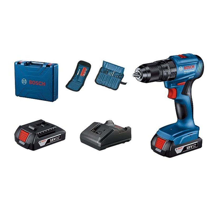 Bosch Professional GSB 185-Li Cordless impact drill driver, 13mm Chuck with 2 x GBA 18V 2.0Ah Battery, GAL 18V-20 Charger & 23 Pcs Drill Bit Set, Blue