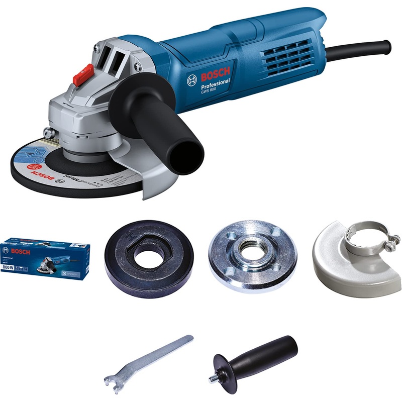 Bosch Professional GWS 800 Corded Electric Angle Grinder, M10, 800W, 100 mm Disc Dia, with Auxiliary Handle