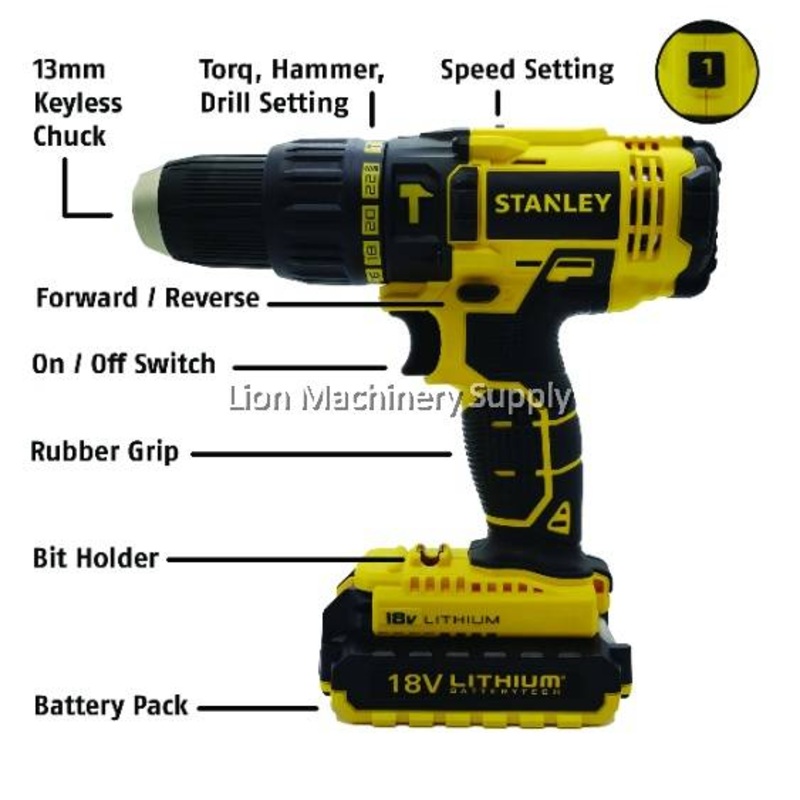 STANLEY SCH20C2K-B1 CORDLESS HAMMER DRILL DRIVER 18V 13MM - Come With 2pcs 1.3Ah Batteries - 2 Years Limited Warranty -