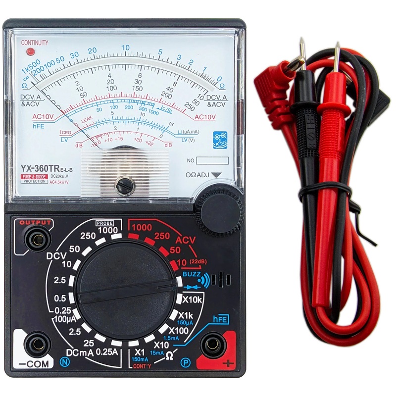 Analog Multimeter with LED Indicator & Buzzer for Continuity Test - Includes Test Leads (YX-360TRE-L-B)