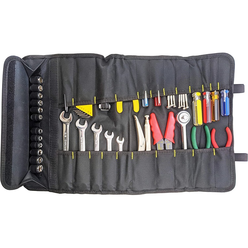 Portable 22 Pocket Tool Holder with 15 Socket Slots, Organizer Rolls into Bag with Handle, Ideal for Travel and On-Site Jobs, Measures 22" x 14" Unrolled