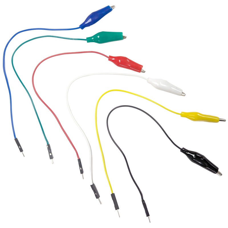 Set of 6 Alligator Clip to Male Jumper Wires, 6 Colors of Green, Red, Black, Yellow, White, Blue Alligator Clip to Dupont Jumpers, 8" Wire Length
