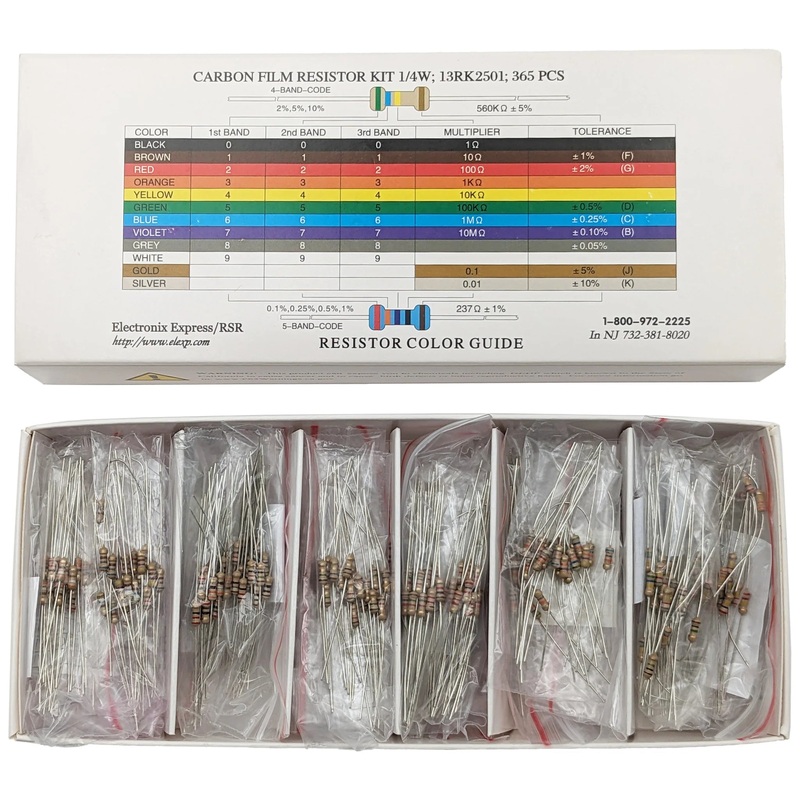 365 Piece Resistor Kit 1/4 Watt in Compartmentalized Cardboard Storage Box - Wide Variety of Values