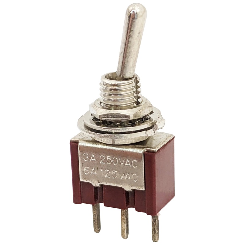 Miniature SPDT Toggle Switch On-Off-On with 3 Pin PC Leads, 6A @ 125V AC