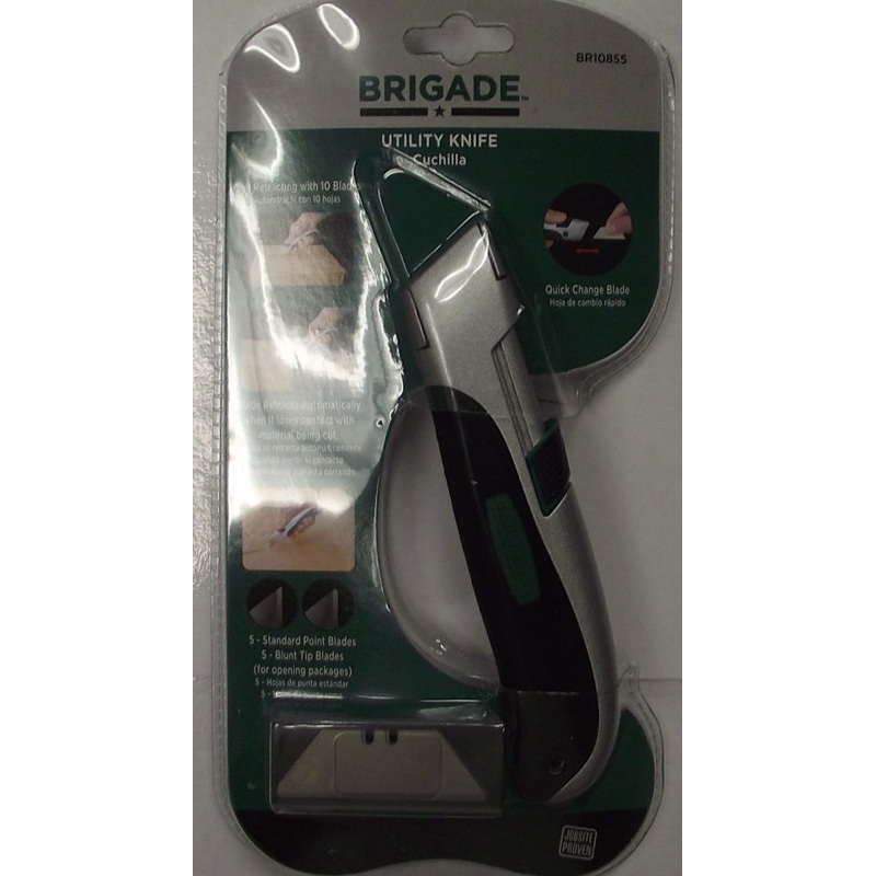 Brigade BR10855 Self Retracting Utility Knife & 10 Blades Quick Change Blade