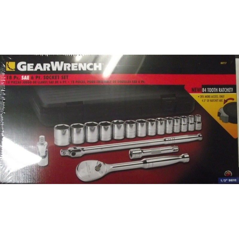 GearWrench 80717 17 Piece Socket Set 84 Tooth Ratchet 1/2" Drive 6 Point SAE