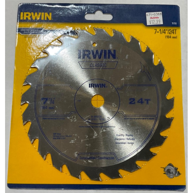 Irwin Classic 25130/15130 7-1/4" x 24T Framing/Ripping Circular Saw Blade Carded