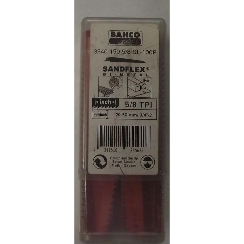 Bahco 3840-150-5/8-SL-100P 6" x 5/8 TPI SandFlex Bi Metal Recip Saw Blades 100pk