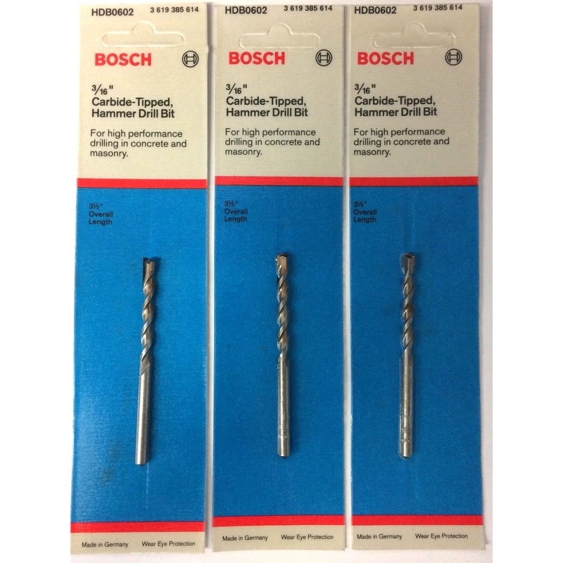 BOSCH HDB0602 3/16" x 2" x 3-1/2" Carbide Hammer Drill Bit Germany 3PCS