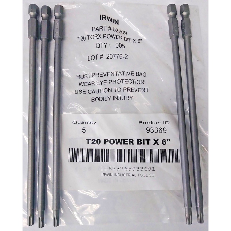 Irwin 93369 T20 Torx Power Bits 1/4" Hex Drive 6" OAL 5 Pack