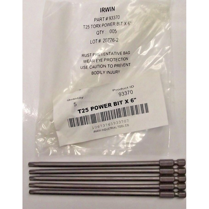 Irwin 93370 Torx Power Bit T25 1/4" Hex Drive, 6" OAL 5pcs.