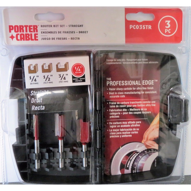 Porter Cable PC03STR 3 Piece Straight Router Bit Set & Case 1/4-Inch Shank