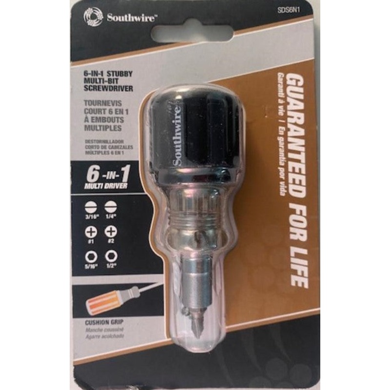 Southwire SDS6N1 Stubby 6-in-1 Cushion Grip Handle Multi-Bit Screwdriver