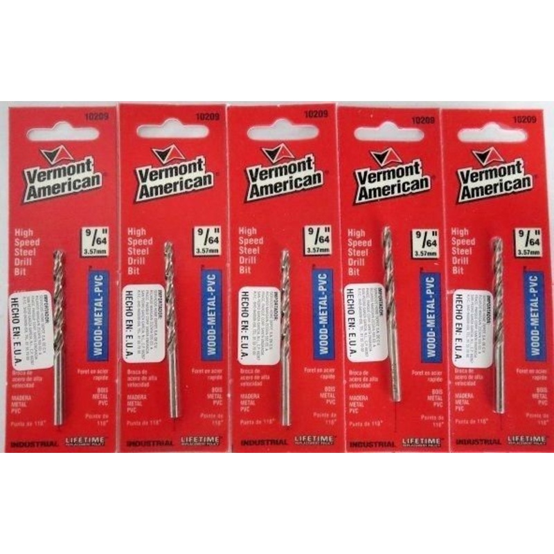Vermont American 10209 9/64" HSS Drill Bit USA Wood Metal PVC 5 Packs