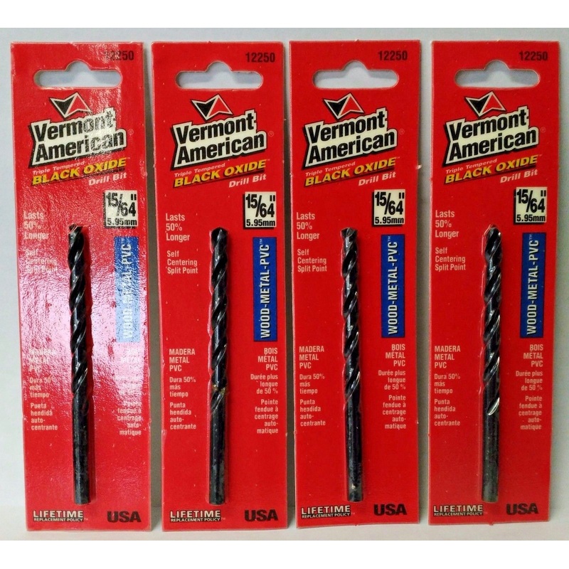 Vermont American 12250 15/64" x 3-7/8" Black Oxide Fractional Drill Bit USA 4PKS