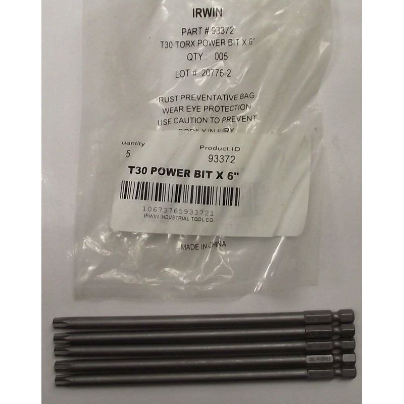 Irwin 93372 Torx Power Bit T30 1/4" Hex Drive, 6" OAL 5pcs.