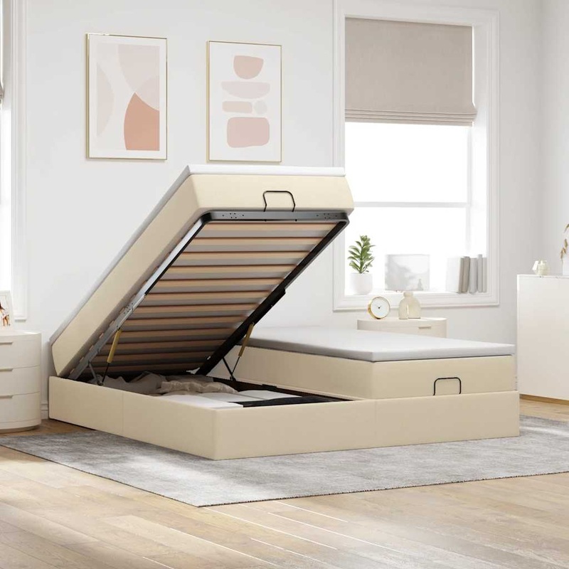 Cadre de lit ottoman avec matelas crme 160x200 cm tissu